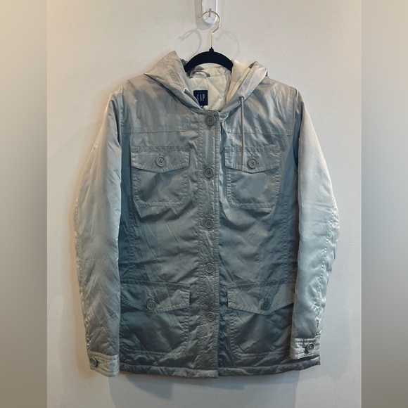 GAP Sz L Silver Quilted Cozy Drawstring Waist Many Pockets Puffer Coat Jacket - Picture 1 of 14